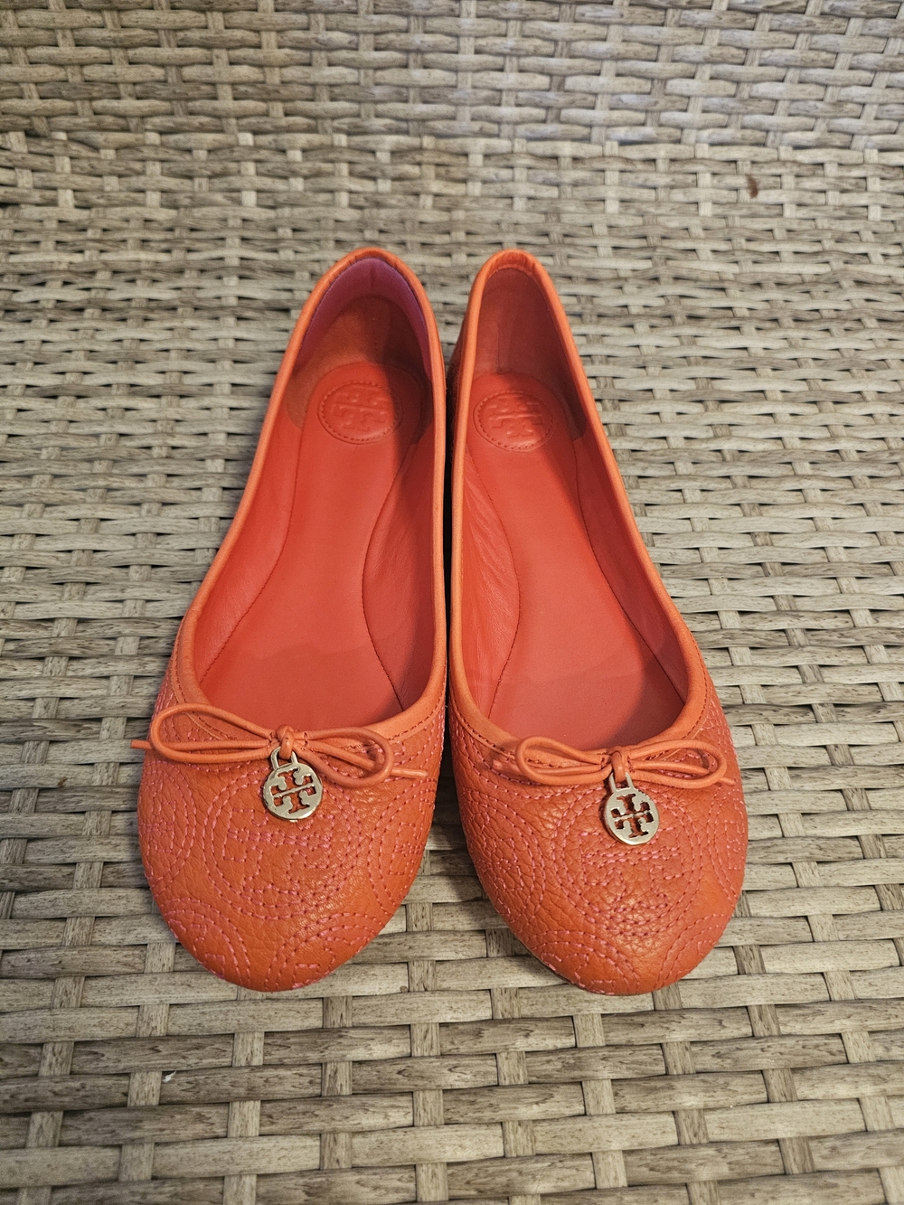 Tory Burch Orange Quilted Ballet Flats with Bow Charm